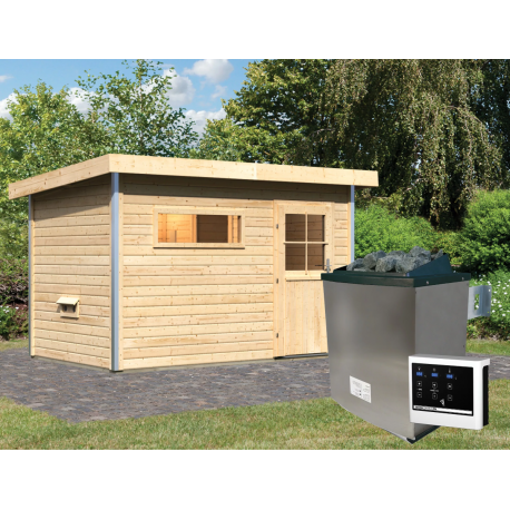 Sauna exterior de madera maciza SKROLLAN 1 para 4-6 personas - puerta clásica - estufa con control externo 9000W - KARIBU