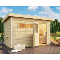 Sauna exterior Skrollan 3 para 6-8 personas - puerta clásica y vestíbulo - estufa con control externo 9000W - Karibu