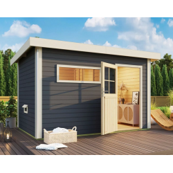 Sauna exterior antracita Skrollan 3 para 6-8 personas - puerta clásica y vestíbulo - Karibu