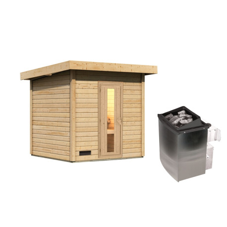 Sauna exterior de madera sin tratar Hytti para 2-4 personas - estufa con control integrado 9000W - Karibu
