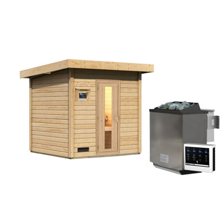 Sauna exterior de madera sin tratar Hytti para 2-4 personas - estufa Easy Bio de 9000W - Karibu