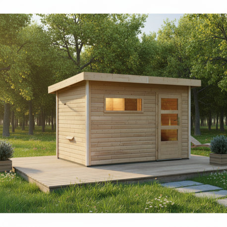 Sauna de exterior SKROLLAN 1 de madera maciza de 38 mm, con capacidad para 4 a 6 personas y puerta moderna KARIBU