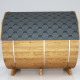 Sauna de exterior de madera en forma de barril, 2-4 plazas, con frente acristalado, estufa de 6 kW y tejas asfálticas – SNÖ