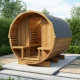 Sauna de exterior de madera en forma de barril, 2-4 plazas, con frente acristalado, estufa de 6 kW y tejas asfálticas – SNÖ
