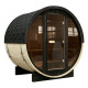 Sauna de exterior de madera en forma de barril, 2-4 plazas, con frente acristalado, estufa de 6 kW y tejas asfálticas – SNÖ