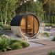 Sauna de exterior de madera en forma de barril, 2-4 plazas, con frente acristalado, estufa de 6 kW y tejas asfálticas – SNÖ