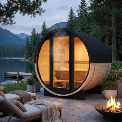 Sauna de exterior de madera en forma de barril, 2-4 plazas, con frente acristalado, estufa de 6 kW y tejas asfálticas – SNÖ