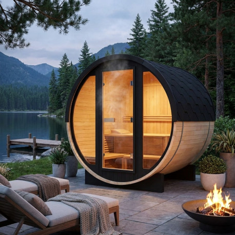 Sauna de exterior de madera en forma de barril, 2-4 plazas, con frente acristalado, estufa de 6 kW y tejas asfálticas – SNÖ