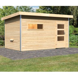 Sauna exterior Skrollan 3 con puerta moderna y vestíbulo - 6 a 8 plazas 38mm KARIBU